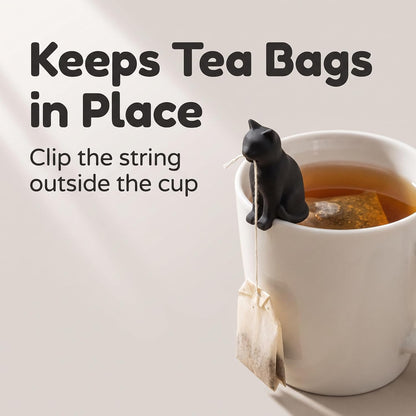 6Pcs Black and White Heat-resistant Silicone Tea Bag Clips Set of 6 Cartoon Cat-shaped Reusable Holders for Bags Drink Markers Food Tea Accessories
