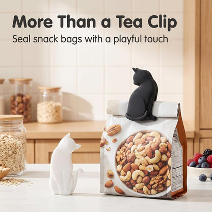 6Pcs Black and White Heat-resistant Silicone Tea Bag Clips Set of 6 Cartoon Cat-shaped Reusable Holders for Bags Drink Markers Food Tea Accessories
