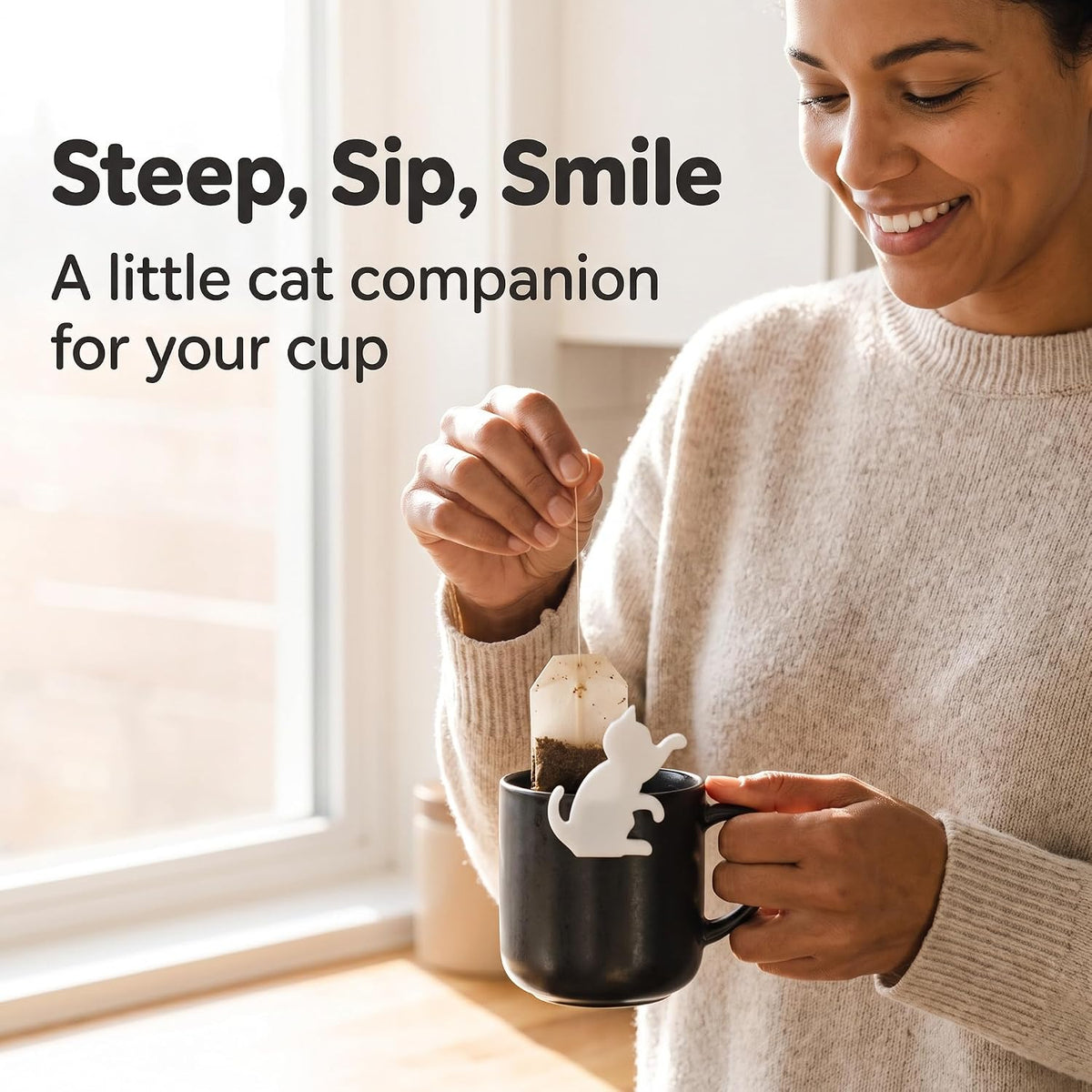 6Pcs Black and White Heat-resistant Silicone Tea Bag Clips Set of 6 Cartoon Cat-shaped Reusable Holders for Bags Drink Markers Food Tea Accessories