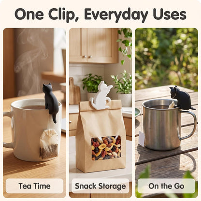 6Pcs Black and White Heat-resistant Silicone Tea Bag Clips Set of 6 Cartoon Cat-shaped Reusable Holders for Bags Drink Markers Food Tea Accessories