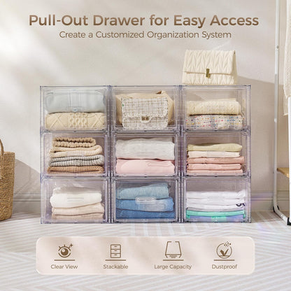 4 Pack Clear Stackable Storage Drawers 15QT, Easily Assemble Closet Organizers,Plastic Storage Bins for Bathroom,Cabinet,Kitchen Pantry,Under Sink Organization(Medium)
