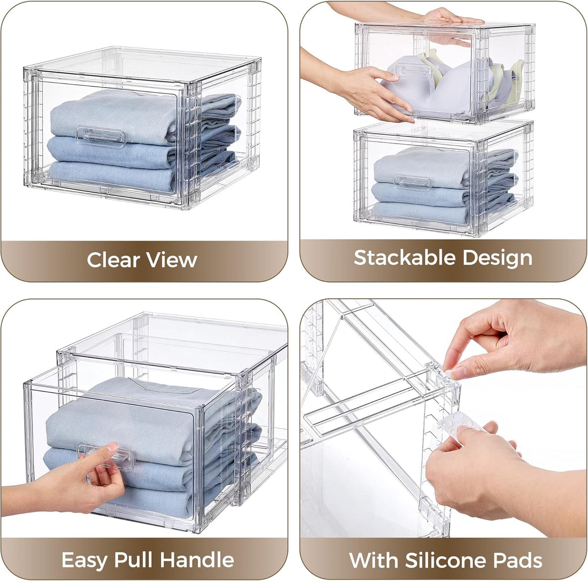 4 Pack Clear Stackable Storage Drawers 15QT, Easily Assemble Closet Organizers,Plastic Storage Bins for Bathroom,Cabinet,Kitchen Pantry,Under Sink Organization(Medium)
