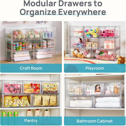 4 Pack Clear Stackable Storage Drawers 15QT, Easily Assemble Closet Organizers,Plastic Storage Bins for Bathroom,Cabinet,Kitchen Pantry,Under Sink Organization(Medium)