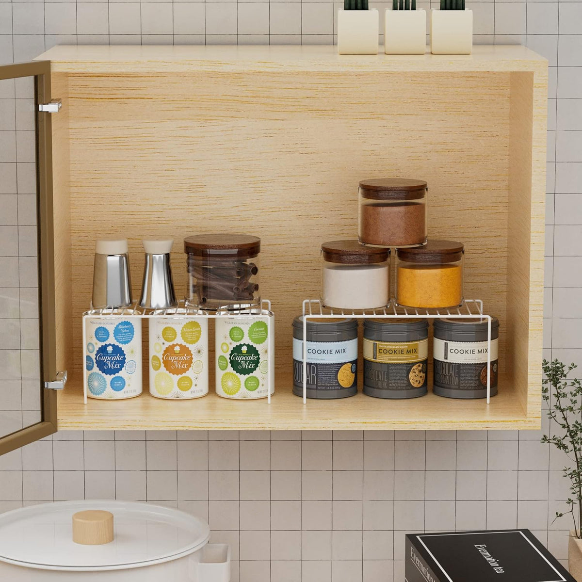 Redrubbit 4 Pack(10.6 x 5.1 Inch) Cabinet Storage Shelf Rack, Rustproof Kitchen Counter and Cabinet Shelf, Small Storage Rack Organizer for Kitchen, Fridge, Cabinet, Bathroom, White