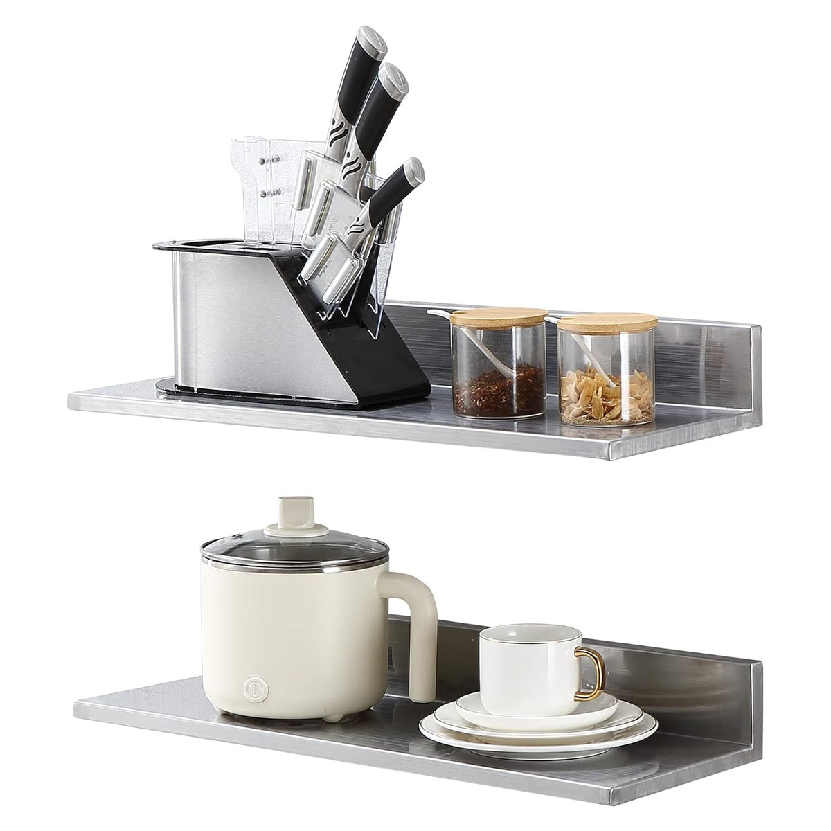 8.6" x 24" -2Pack Stainless Steel Shelf, Wall Mounted Floating Shelving with Backsplash, 44 lbs Load Capacity Commercial Shelves, Heavy Duty Storage Rack for Restaurant, Kitchen, Bar, Home
