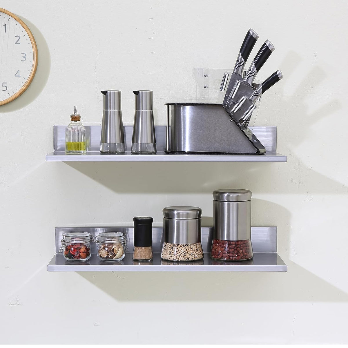 8.6" x 24" -2Pack Stainless Steel Shelf, Wall Mounted Floating Shelving with Backsplash, 44 lbs Load Capacity Commercial Shelves, Heavy Duty Storage Rack for Restaurant, Kitchen, Bar, Home