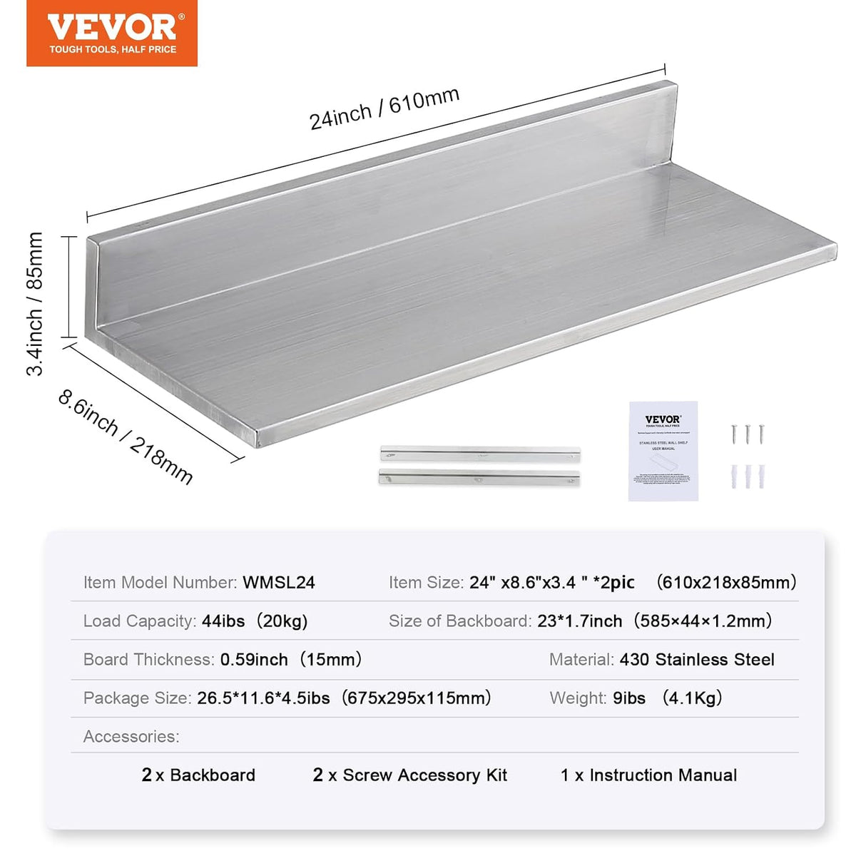 8.6" x 24" -2Pack Stainless Steel Shelf, Wall Mounted Floating Shelving with Backsplash, 44 lbs Load Capacity Commercial Shelves, Heavy Duty Storage Rack for Restaurant, Kitchen, Bar, Home