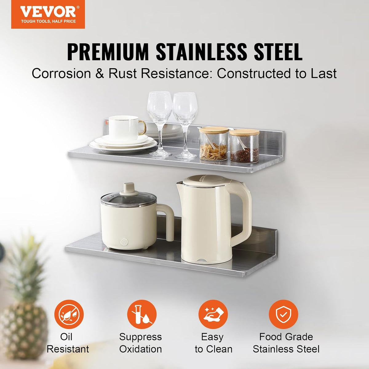 8.6" x 24" -2Pack Stainless Steel Shelf, Wall Mounted Floating Shelving with Backsplash, 44 lbs Load Capacity Commercial Shelves, Heavy Duty Storage Rack for Restaurant, Kitchen, Bar, Home