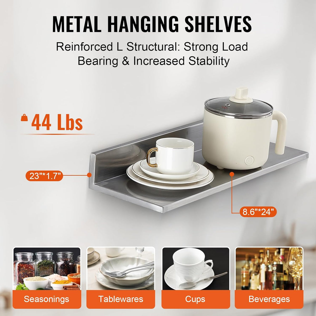 8.6" x 24" -2Pack Stainless Steel Shelf, Wall Mounted Floating Shelving with Backsplash, 44 lbs Load Capacity Commercial Shelves, Heavy Duty Storage Rack for Restaurant, Kitchen, Bar, Home