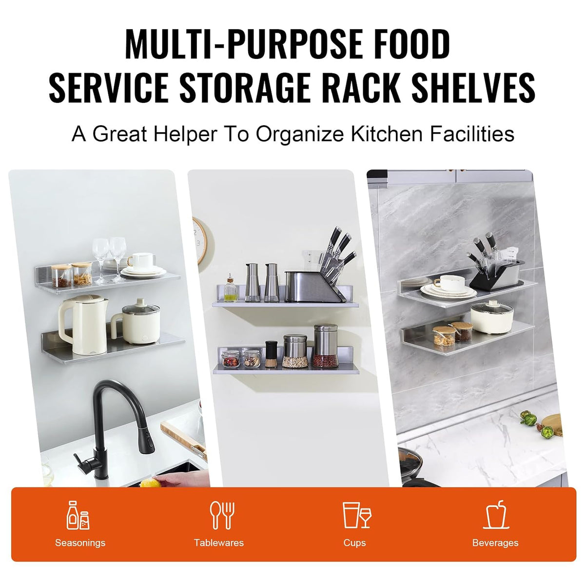 8.6" x 24" -2Pack Stainless Steel Shelf, Wall Mounted Floating Shelving with Backsplash, 44 lbs Load Capacity Commercial Shelves, Heavy Duty Storage Rack for Restaurant, Kitchen, Bar, Home
