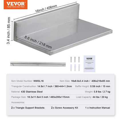 8.6" x 24" -2Pack Stainless Steel Shelf, Wall Mounted Floating Shelving with Backsplash, 44 lbs Load Capacity Commercial Shelves, Heavy Duty Storage Rack for Restaurant, Kitchen, Bar, Home