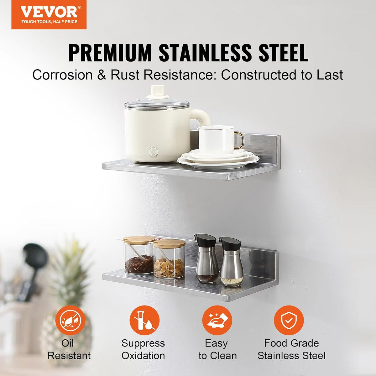 8.6" x 24" -2Pack Stainless Steel Shelf, Wall Mounted Floating Shelving with Backsplash, 44 lbs Load Capacity Commercial Shelves, Heavy Duty Storage Rack for Restaurant, Kitchen, Bar, Home
