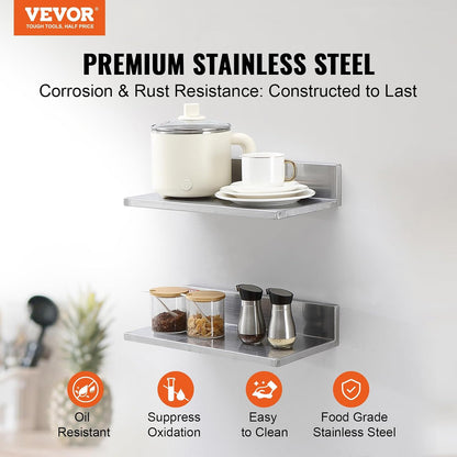 8.6" x 24" -2Pack Stainless Steel Shelf, Wall Mounted Floating Shelving with Backsplash, 44 lbs Load Capacity Commercial Shelves, Heavy Duty Storage Rack for Restaurant, Kitchen, Bar, Home