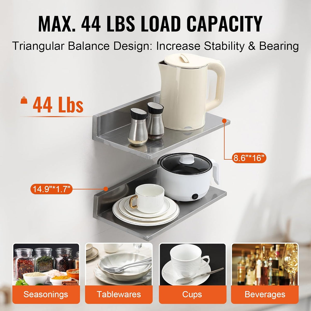 8.6" x 24" -2Pack Stainless Steel Shelf, Wall Mounted Floating Shelving with Backsplash, 44 lbs Load Capacity Commercial Shelves, Heavy Duty Storage Rack for Restaurant, Kitchen, Bar, Home