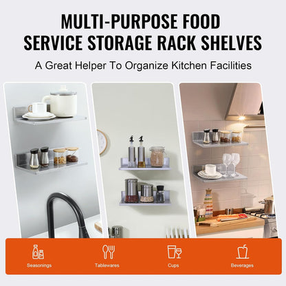 8.6" x 24" -2Pack Stainless Steel Shelf, Wall Mounted Floating Shelving with Backsplash, 44 lbs Load Capacity Commercial Shelves, Heavy Duty Storage Rack for Restaurant, Kitchen, Bar, Home