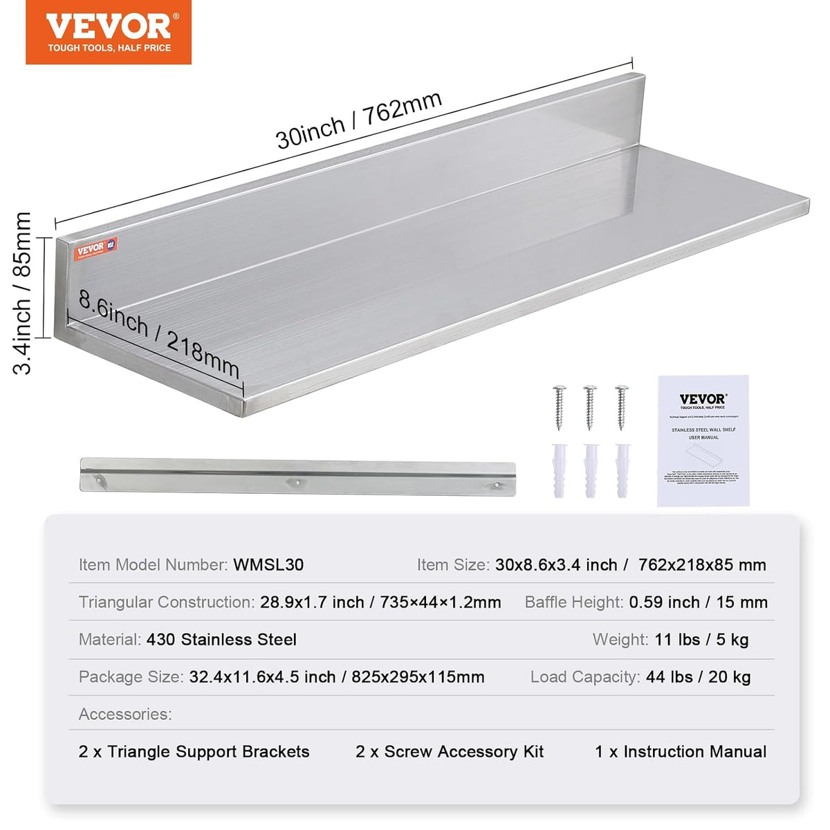 8.6" x 24" -2Pack Stainless Steel Shelf, Wall Mounted Floating Shelving with Backsplash, 44 lbs Load Capacity Commercial Shelves, Heavy Duty Storage Rack for Restaurant, Kitchen, Bar, Home