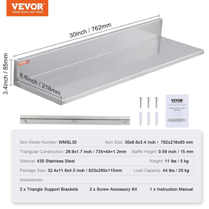 8.6" x 24" -2Pack Stainless Steel Shelf, Wall Mounted Floating Shelving with Backsplash, 44 lbs Load Capacity Commercial Shelves, Heavy Duty Storage Rack for Restaurant, Kitchen, Bar, Home