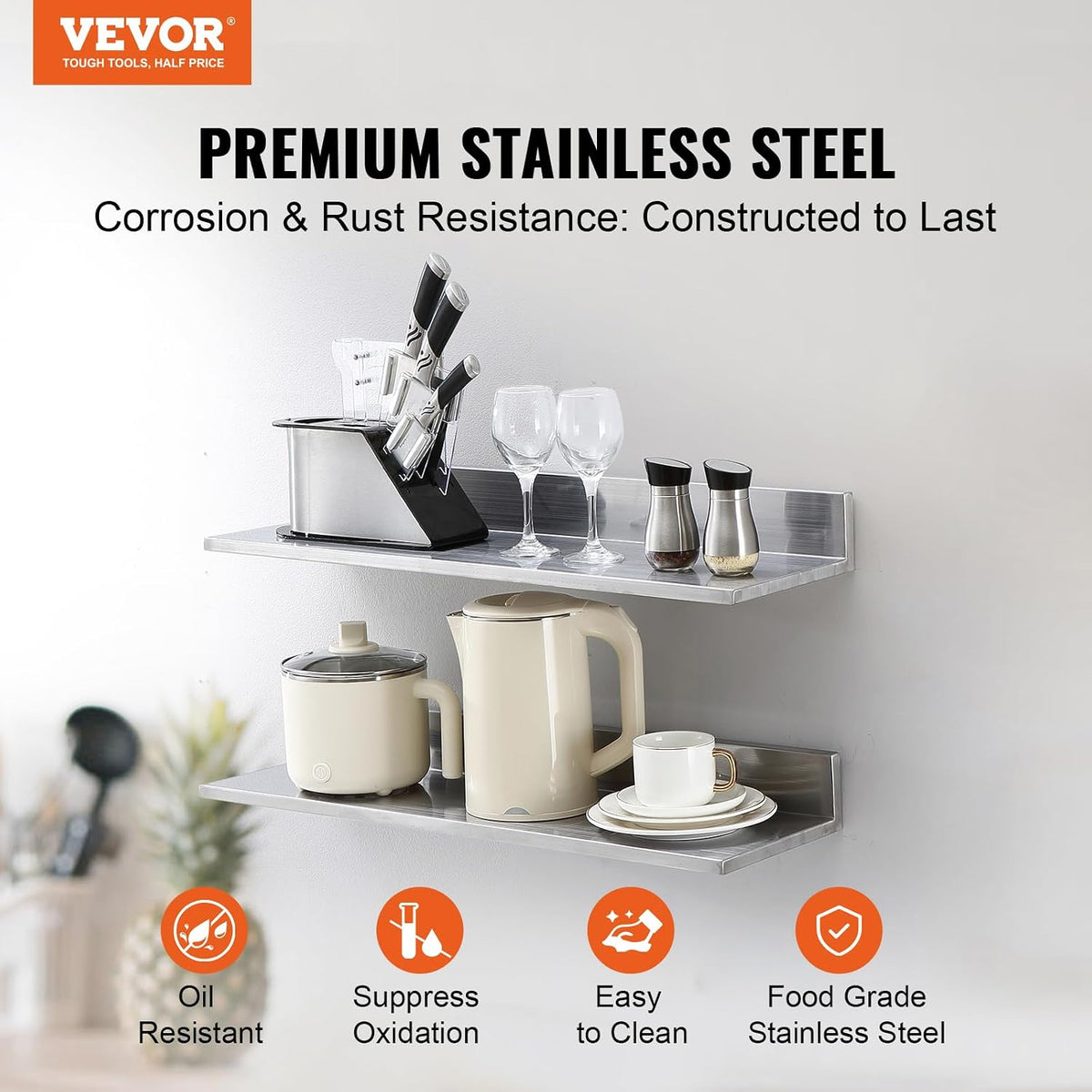 8.6" x 24" -2Pack Stainless Steel Shelf, Wall Mounted Floating Shelving with Backsplash, 44 lbs Load Capacity Commercial Shelves, Heavy Duty Storage Rack for Restaurant, Kitchen, Bar, Home