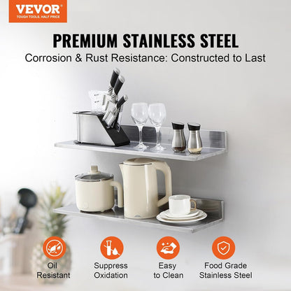 8.6" x 24" -2Pack Stainless Steel Shelf, Wall Mounted Floating Shelving with Backsplash, 44 lbs Load Capacity Commercial Shelves, Heavy Duty Storage Rack for Restaurant, Kitchen, Bar, Home