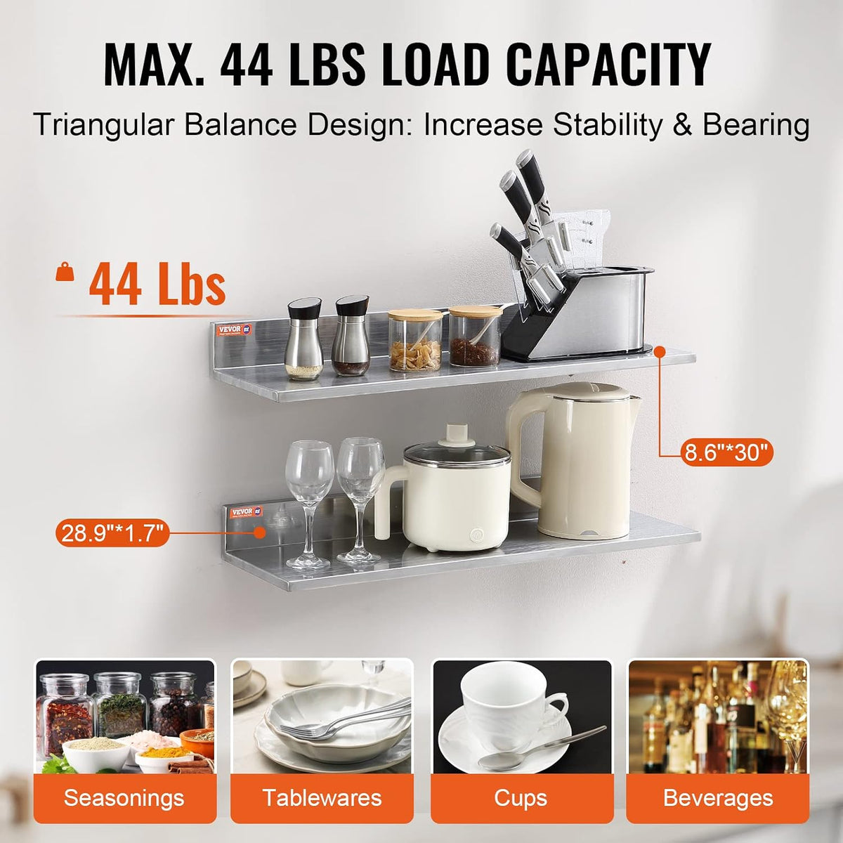8.6" x 24" -2Pack Stainless Steel Shelf, Wall Mounted Floating Shelving with Backsplash, 44 lbs Load Capacity Commercial Shelves, Heavy Duty Storage Rack for Restaurant, Kitchen, Bar, Home