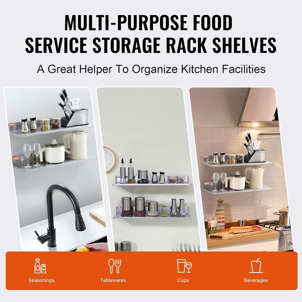 8.6" x 24" -2Pack Stainless Steel Shelf, Wall Mounted Floating Shelving with Backsplash, 44 lbs Load Capacity Commercial Shelves, Heavy Duty Storage Rack for Restaurant, Kitchen, Bar, Home