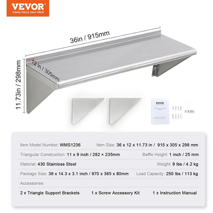 8.6" x 24" -2Pack Stainless Steel Shelf, Wall Mounted Floating Shelving with Backsplash, 44 lbs Load Capacity Commercial Shelves, Heavy Duty Storage Rack for Restaurant, Kitchen, Bar, Home