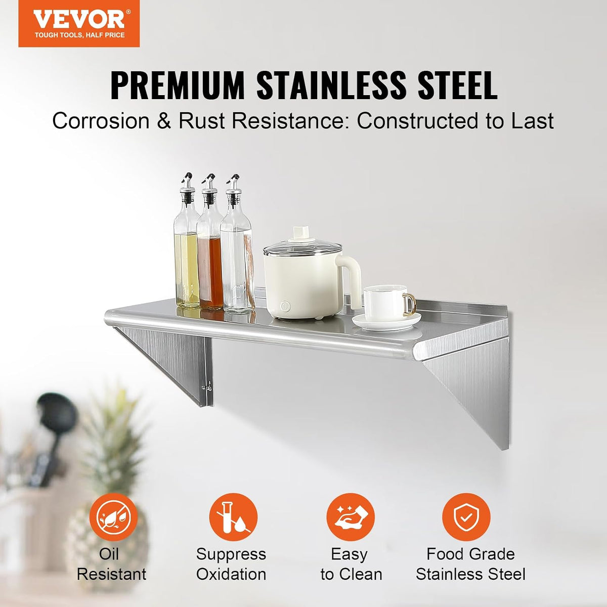 8.6" x 24" -2Pack Stainless Steel Shelf, Wall Mounted Floating Shelving with Backsplash, 44 lbs Load Capacity Commercial Shelves, Heavy Duty Storage Rack for Restaurant, Kitchen, Bar, Home