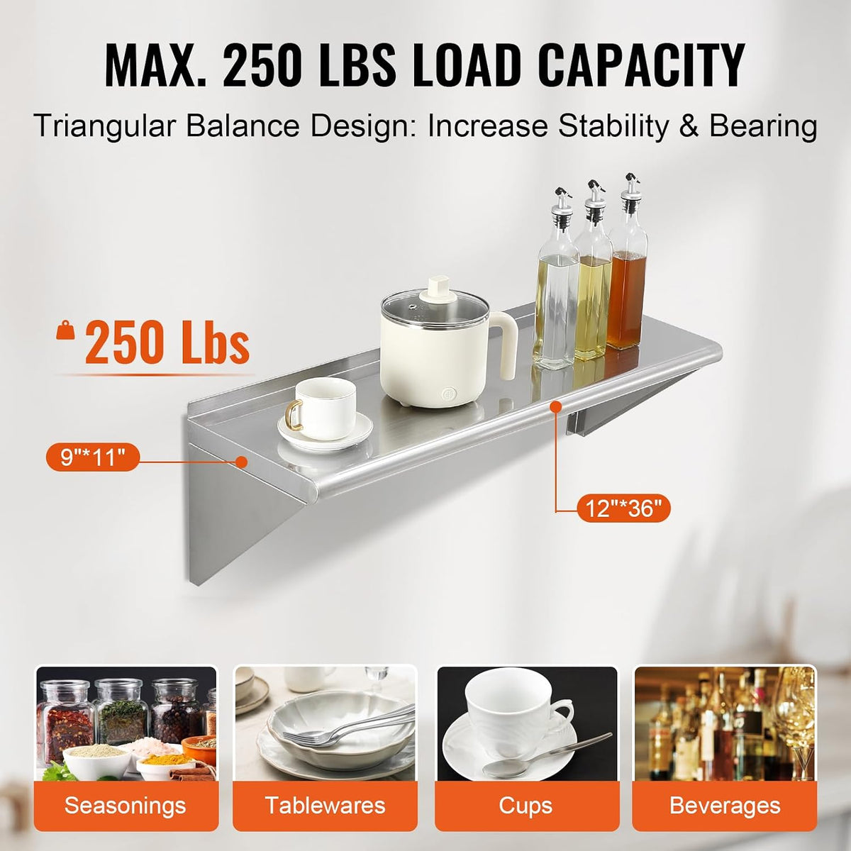 8.6" x 24" -2Pack Stainless Steel Shelf, Wall Mounted Floating Shelving with Backsplash, 44 lbs Load Capacity Commercial Shelves, Heavy Duty Storage Rack for Restaurant, Kitchen, Bar, Home