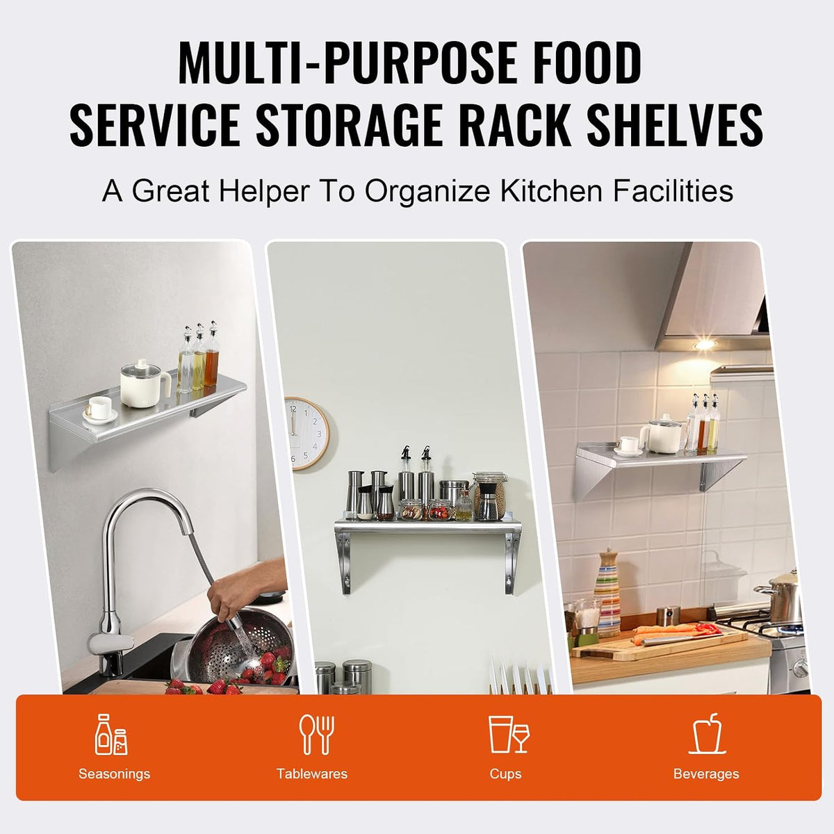 8.6" x 24" -2Pack Stainless Steel Shelf, Wall Mounted Floating Shelving with Backsplash, 44 lbs Load Capacity Commercial Shelves, Heavy Duty Storage Rack for Restaurant, Kitchen, Bar, Home