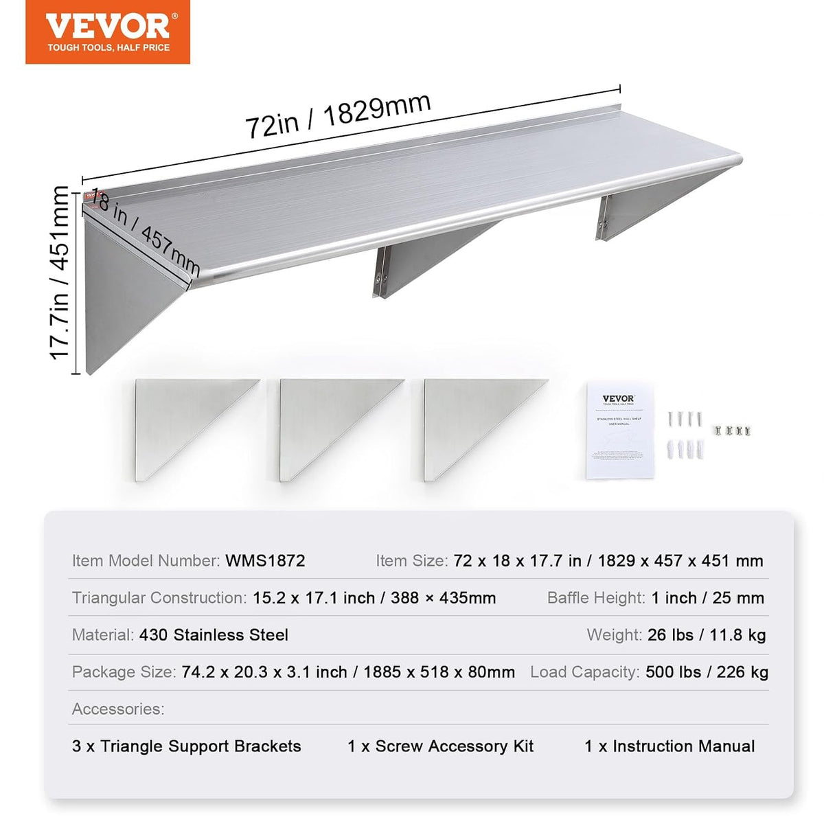 8.6" x 24" -2Pack Stainless Steel Shelf, Wall Mounted Floating Shelving with Backsplash, 44 lbs Load Capacity Commercial Shelves, Heavy Duty Storage Rack for Restaurant, Kitchen, Bar, Home