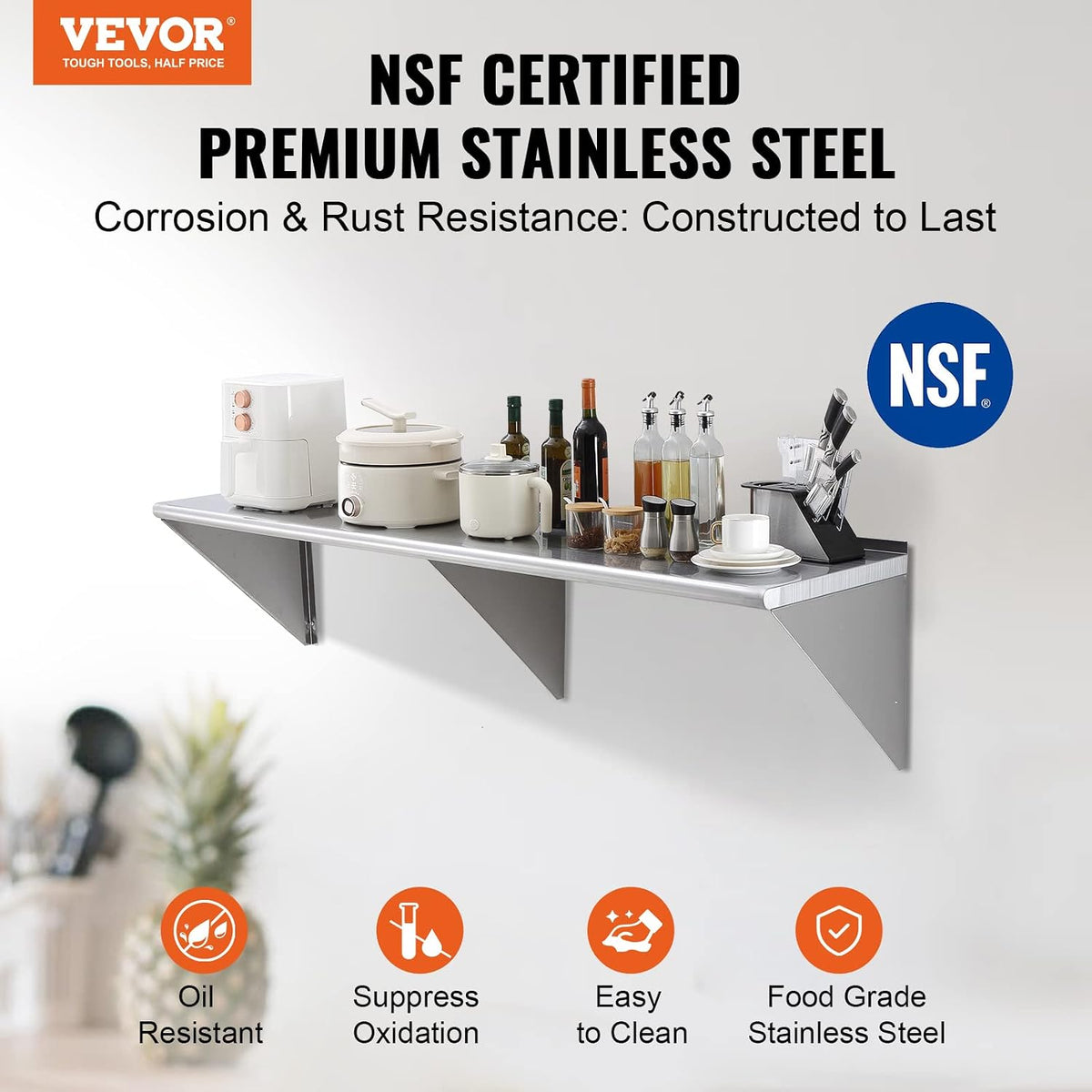 8.6" x 24" -2Pack Stainless Steel Shelf, Wall Mounted Floating Shelving with Backsplash, 44 lbs Load Capacity Commercial Shelves, Heavy Duty Storage Rack for Restaurant, Kitchen, Bar, Home
