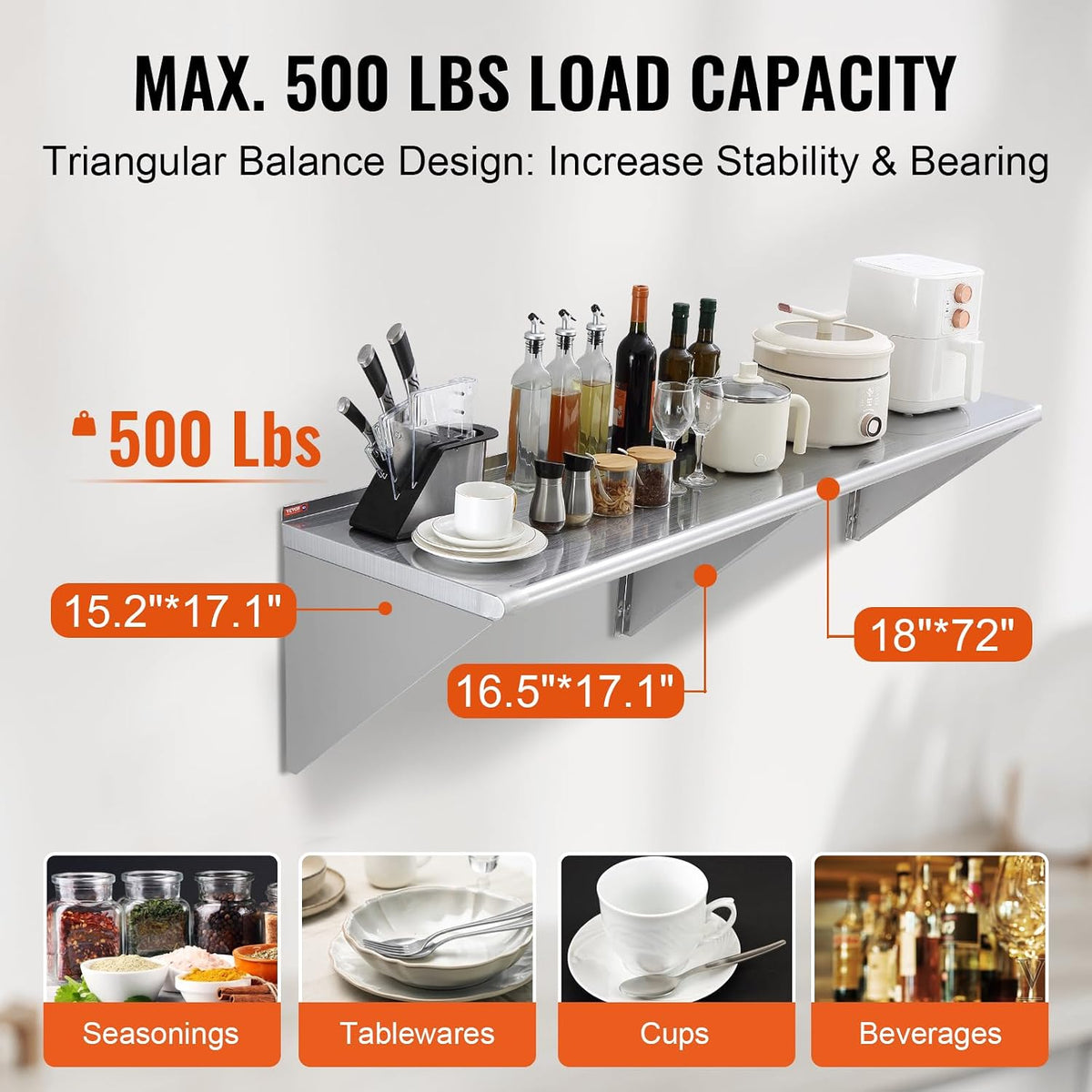 8.6" x 24" -2Pack Stainless Steel Shelf, Wall Mounted Floating Shelving with Backsplash, 44 lbs Load Capacity Commercial Shelves, Heavy Duty Storage Rack for Restaurant, Kitchen, Bar, Home
