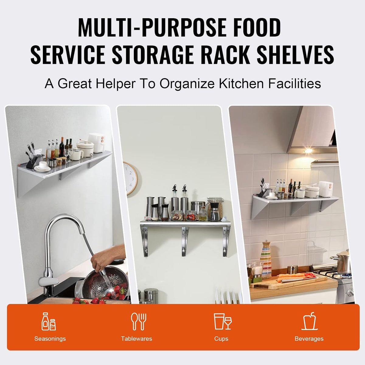 8.6" x 24" -2Pack Stainless Steel Shelf, Wall Mounted Floating Shelving with Backsplash, 44 lbs Load Capacity Commercial Shelves, Heavy Duty Storage Rack for Restaurant, Kitchen, Bar, Home