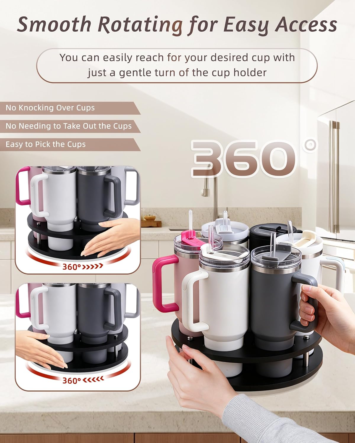 Rotating Wood Tumbler Organizer, 30 oz 40 oz Spinning Turnable Tumblers Holder, 360° Rotatable 7 Large Cups Bottle Tumbler Storage Display Stand, Rotate Syrup Organizer for Cabinet Countertop