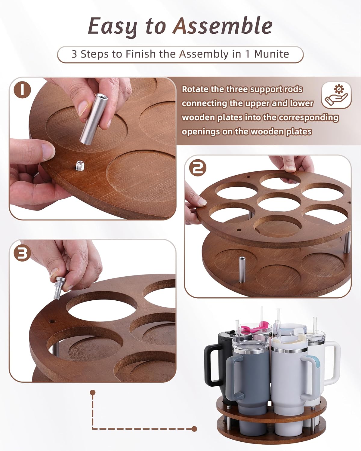 Rotating Wood Tumbler Organizer, 30 oz 40 oz Spinning Turnable Tumblers Holder, 360° Rotatable 7 Large Cups Bottle Tumbler Storage Display Stand, Rotate Syrup Organizer for Cabinet Countertop