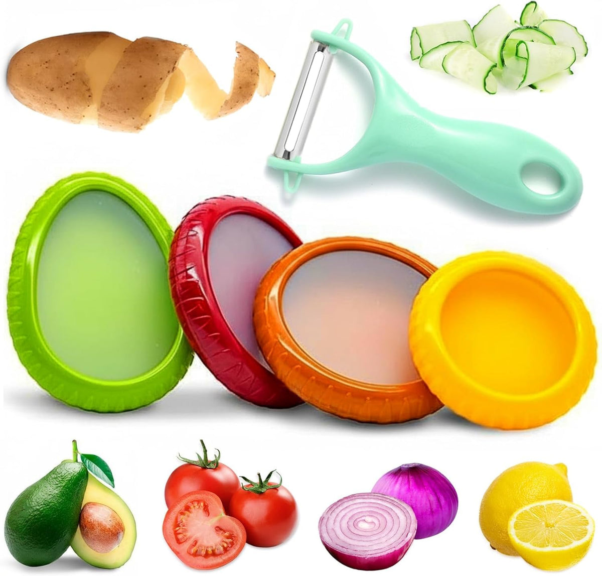 5PCS Avocado Saver & Produce Saver Set – 4 Reusable Silicone Fruit Storage Pods + Fruit Peeler, Tomato Holder, Onion Keeper, Lemon Saver for Fridge, Office Snacks & Camping