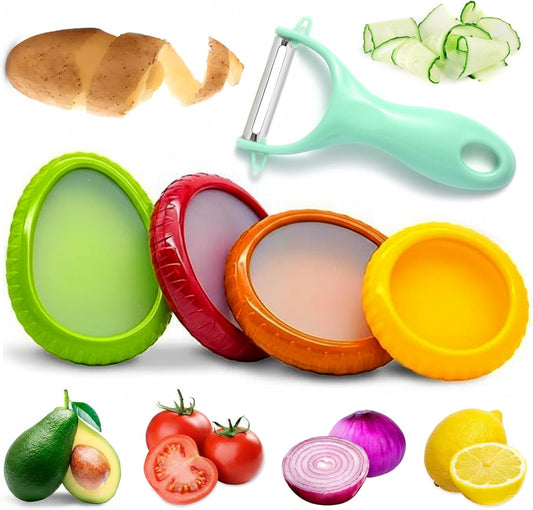 5PCS Avocado Saver & Produce Saver Set – 4 Reusable Silicone Fruit Storage Pods + Fruit Peeler, Tomato Holder, Onion Keeper, Lemon Saver for Fridge, Office Snacks & Camping