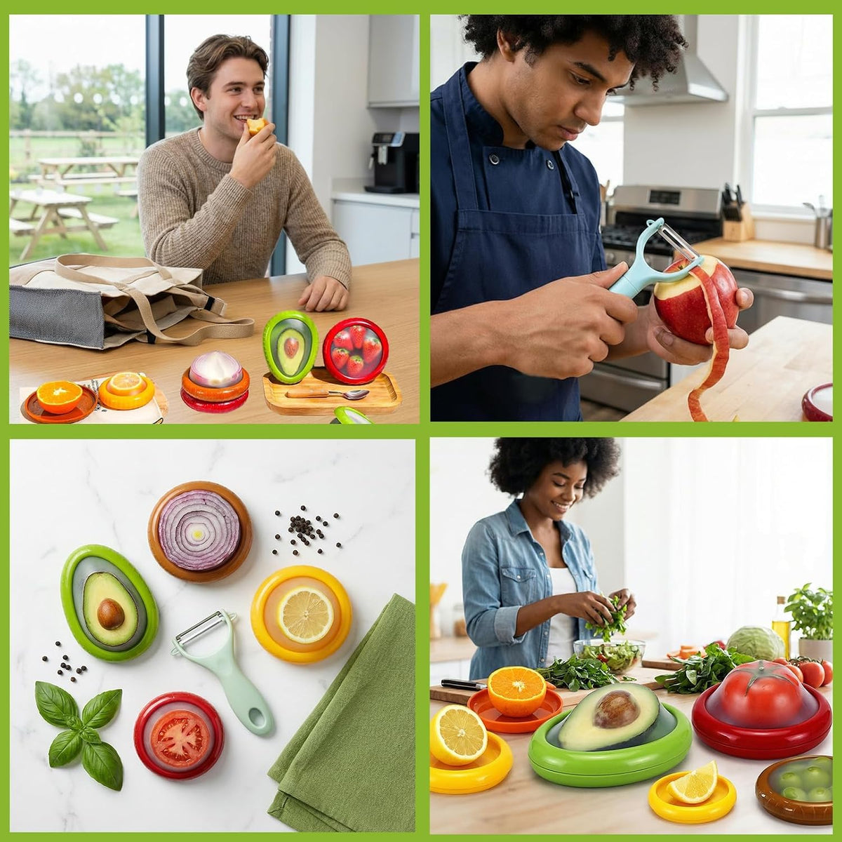 5PCS Avocado Saver & Produce Saver Set – 4 Reusable Silicone Fruit Storage Pods + Fruit Peeler, Tomato Holder, Onion Keeper, Lemon Saver for Fridge, Office Snacks & Camping