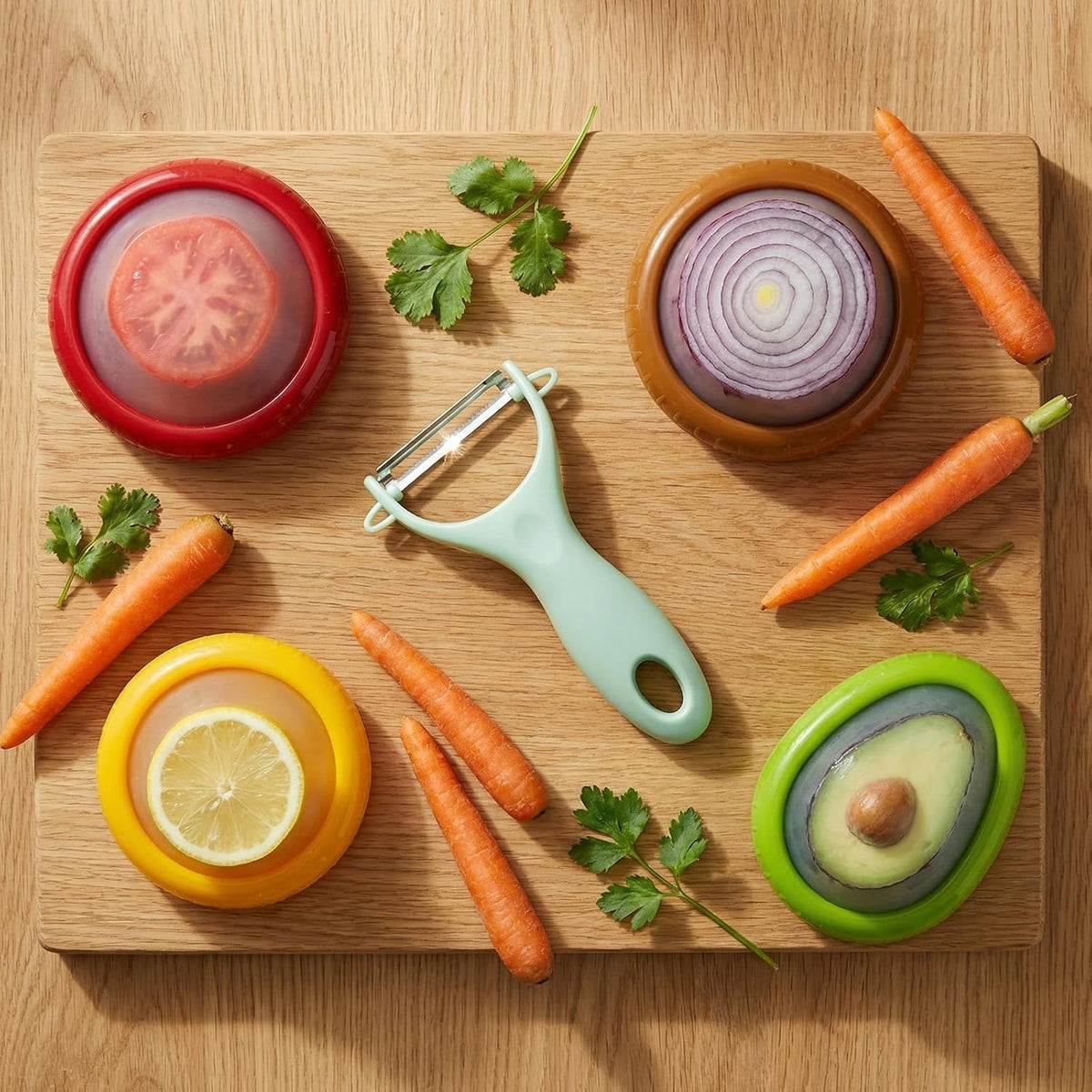 5PCS Avocado Saver & Produce Saver Set – 4 Reusable Silicone Fruit Storage Pods + Fruit Peeler, Tomato Holder, Onion Keeper, Lemon Saver for Fridge, Office Snacks & Camping