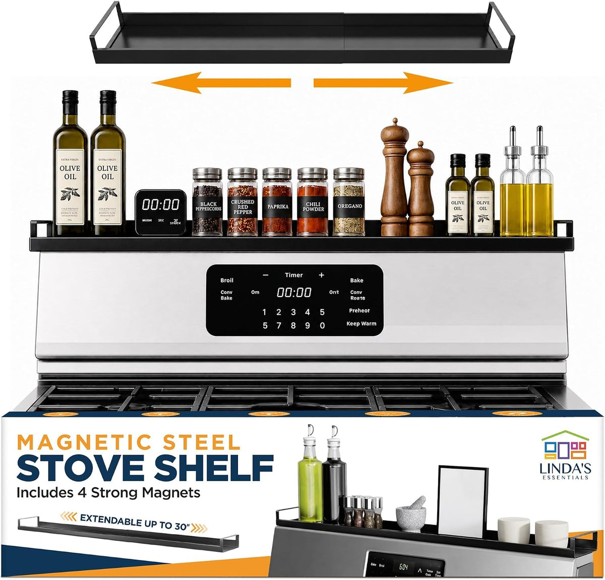 Extendable Steel Over the Stove Shelf for Back of Stove (16 to 30 Inches) Magnetic Stove Top Shelf for Kitchen Stove, Over Stove Shelf for Back of Stove - Over the Stove Spice Rack Shelf