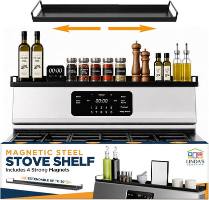 Extendable Steel Over the Stove Shelf for Back of Stove (16 to 30 Inches) Magnetic Stove Top Shelf for Kitchen Stove, Over Stove Shelf for Back of Stove - Over the Stove Spice Rack Shelf