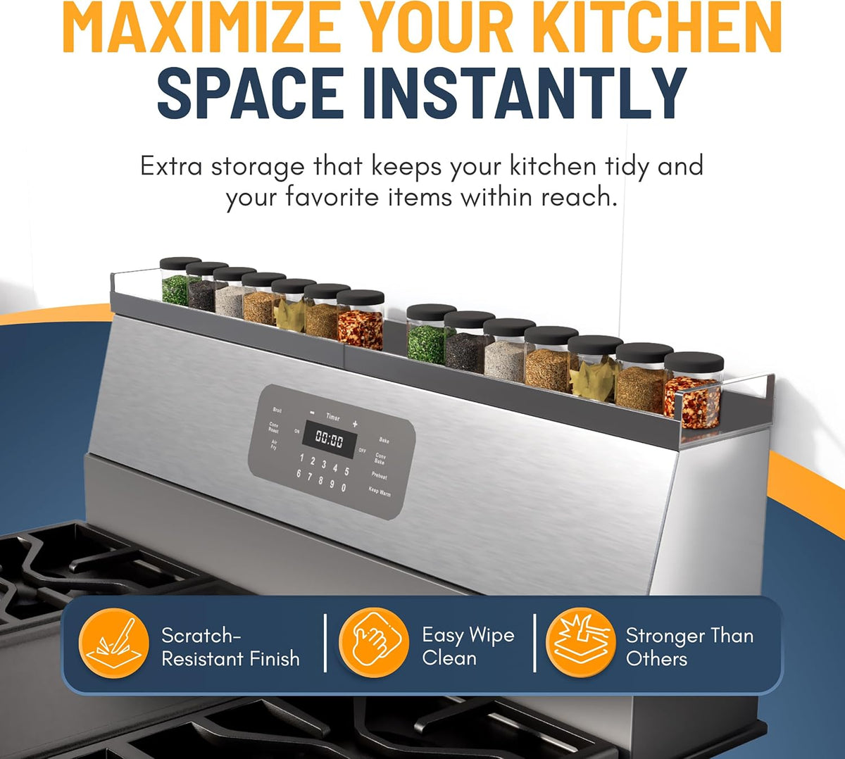 Extendable Steel Over the Stove Shelf for Back of Stove (16 to 30 Inches) Magnetic Stove Top Shelf for Kitchen Stove, Over Stove Shelf for Back of Stove - Over the Stove Spice Rack Shelf