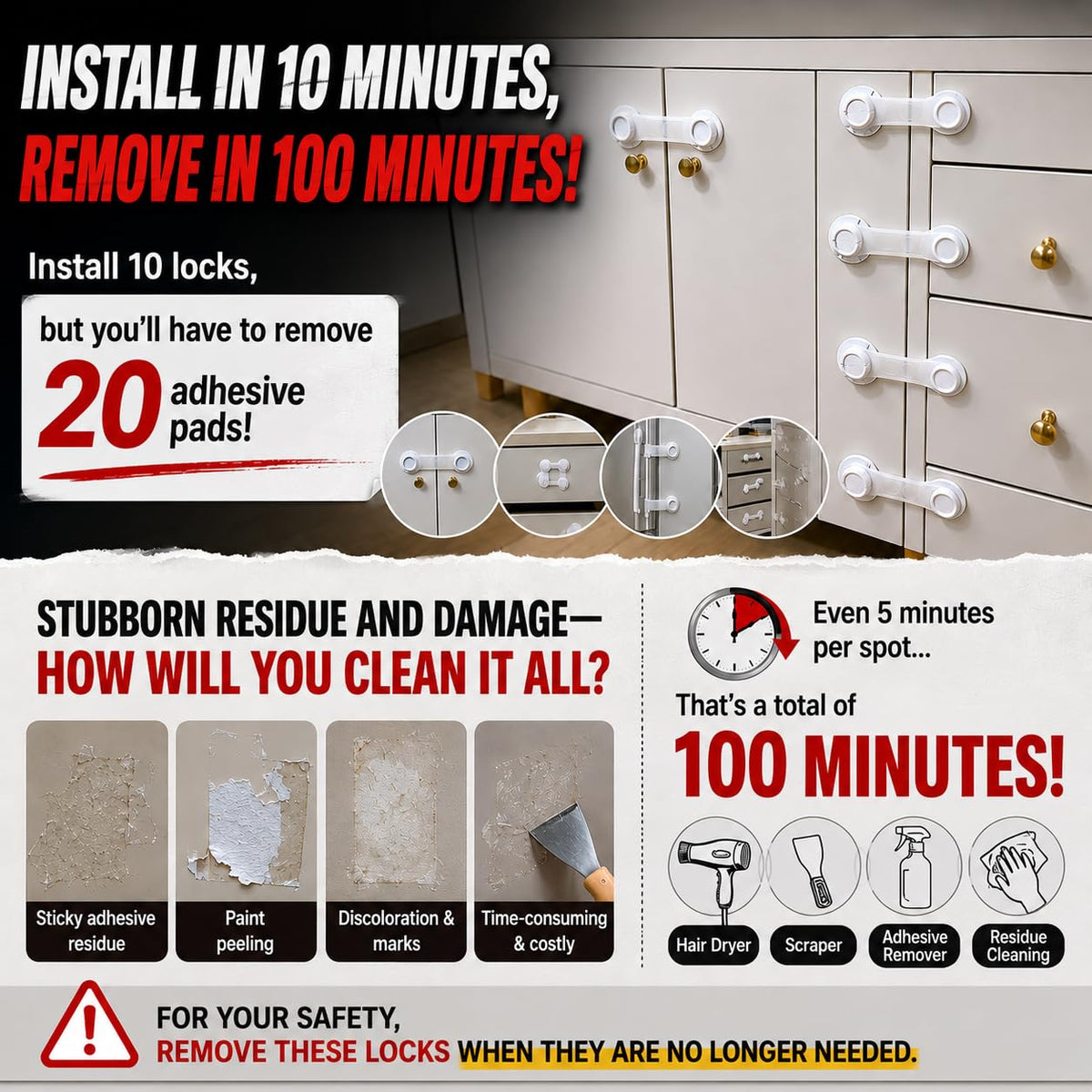 Baby Safety Cabinet & Drawer Locks, 6-Pack, Easy Removal, No Residue