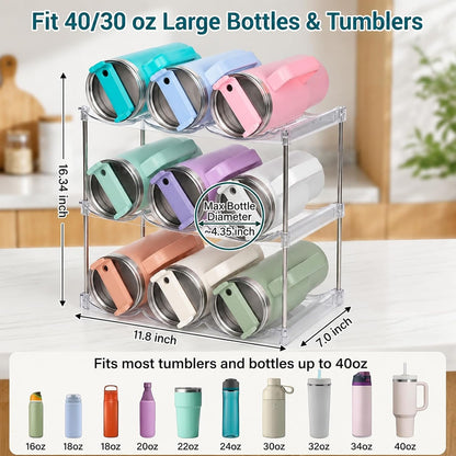 Stackable Water Bottle Organizer for Stanley 40 oz Tumbler, Large Compartment Water Bottle Holder for Cabinet, Clear Tumbler Organizer for Kitchen Countertop Pantry