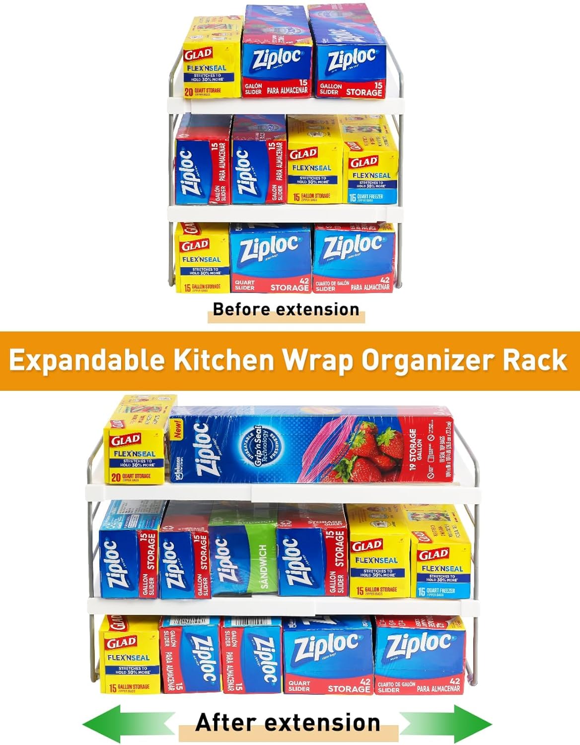 Foil and Plastic Wrap Organizer, Expandable Kitchen Pantry Storage, Height Adjustable Cabinet Rack for Kitchen Organization, Aluminum Foil -3 Tier 9.8" to 15.6"L