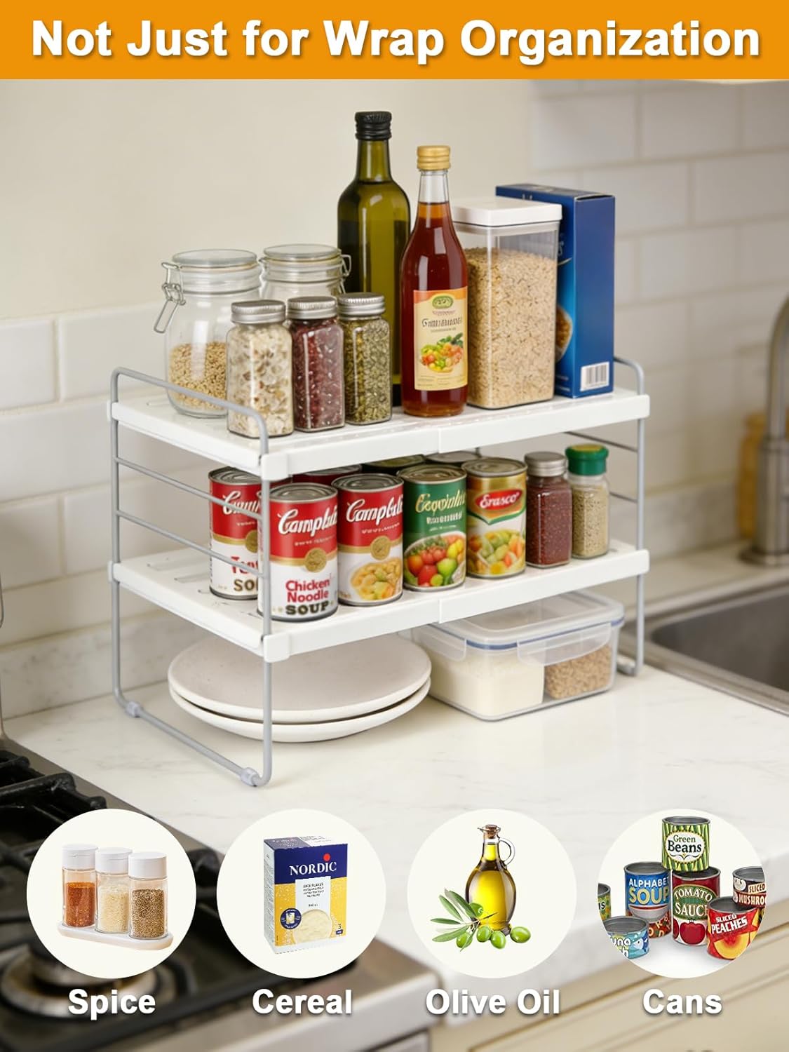 Foil and Plastic Wrap Organizer, Expandable Kitchen Pantry Storage, Height Adjustable Cabinet Rack for Kitchen Organization, Aluminum Foil -3 Tier 9.8" to 15.6"L