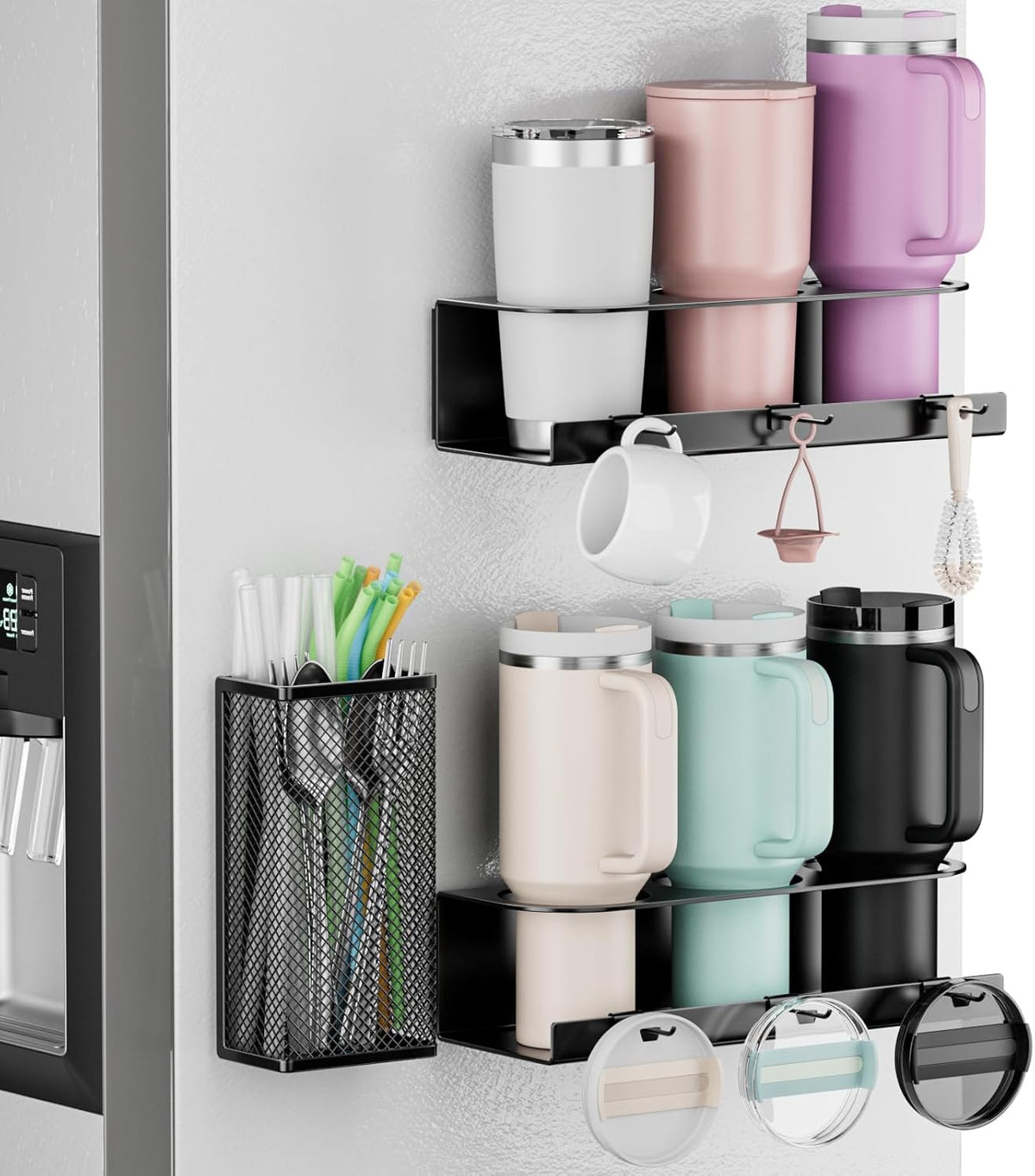 Magnetic Cup Holder for Stanley 20/30/40oz - 2 Pack Tumbler Organizer for Refrigerator - Water Bottle Organizer with Straw Basket & 6 Hooks Tumbler Cup Lids Accessories Storage Black