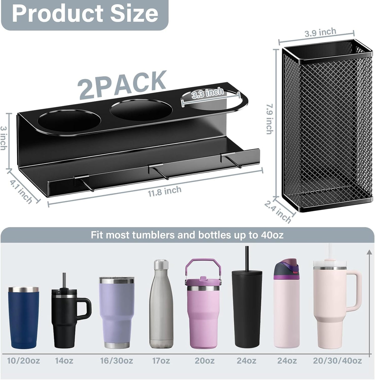 Magnetic Cup Holder for Stanley 20/30/40oz - 2 Pack Tumbler Organizer for Refrigerator - Water Bottle Organizer with Straw Basket & 6 Hooks Tumbler Cup Lids Accessories Storage Black