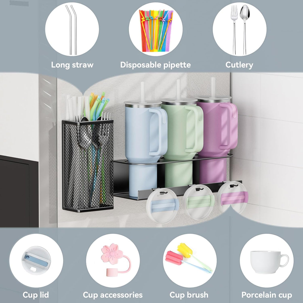 Magnetic Cup Holder for Stanley 20/30/40oz - 2 Pack Tumbler Organizer for Refrigerator - Water Bottle Organizer with Straw Basket & 6 Hooks Tumbler Cup Lids Accessories Storage Black