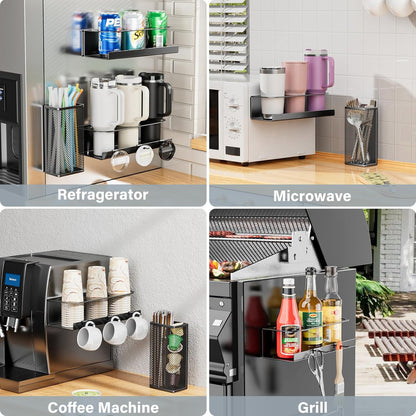 Magnetic Cup Holder for Stanley 20/30/40oz - 2 Pack Tumbler Organizer for Refrigerator - Water Bottle Organizer with Straw Basket & 6 Hooks Tumbler Cup Lids Accessories Storage Black